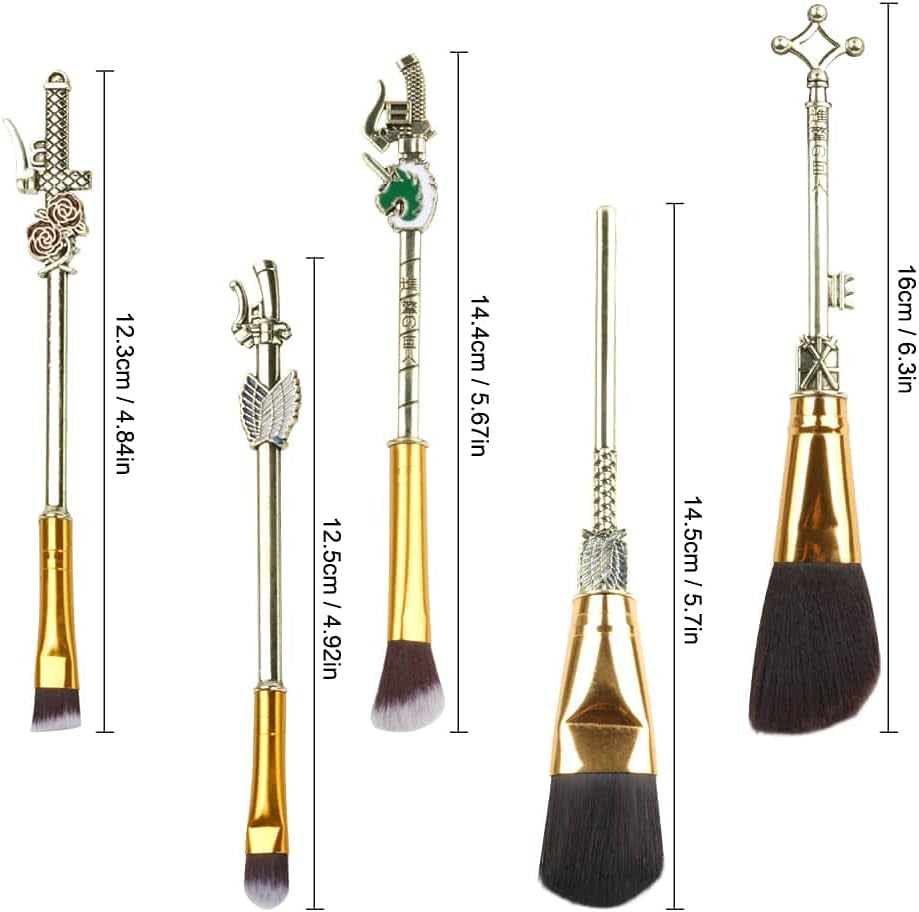Makeup Brush Set Attack on Titan Anime Collection for Foundation Blush Eyeshadow Face Concealer Eyeliner Contour Powder Liquid Eye, Gift for Girls Women, Attack on Titan Merch, 5 Pcs, Deep Gold