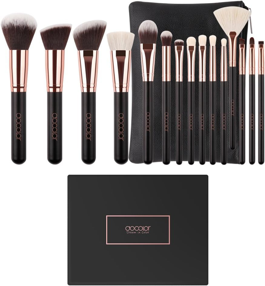 Makeup Brushes 15Pcs Professional Makeup Brush Set with Travel Bag Powder Foundation Concealers Eyeshadow Eyeliner Blending Lip Brush Tools Rose Gold Gift Choice